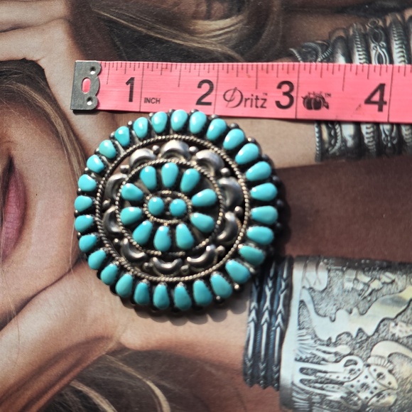 Turquoise and Silver Circular Brooch NATIVE MADE - Picture 12 of 17